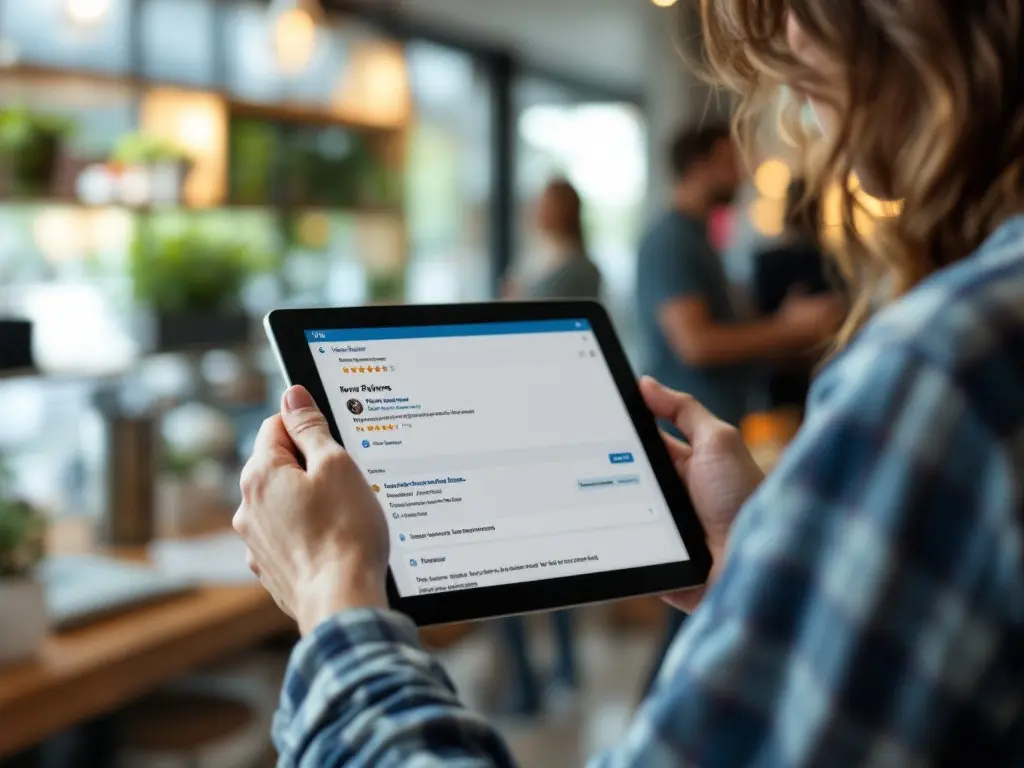 A business owner confidently managing online reviews on a tablet